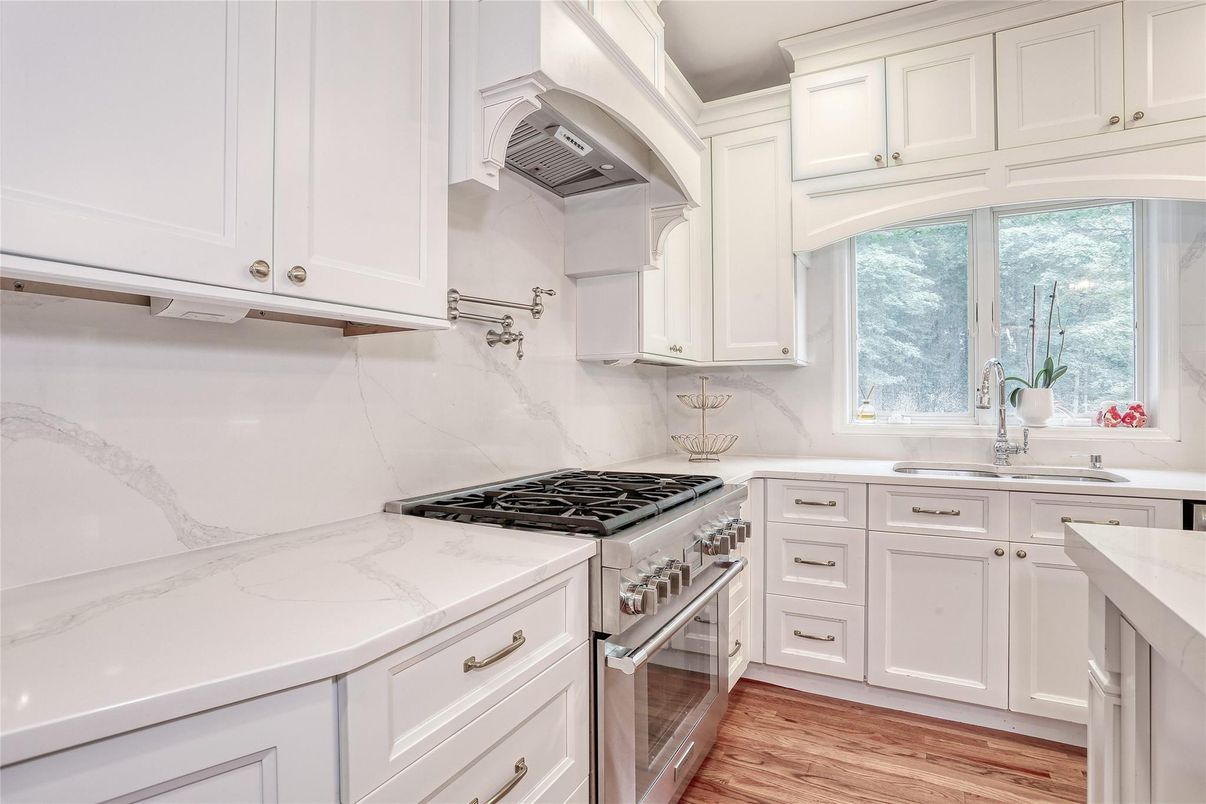 Interior, Kitchen, Marble Walls, Stainless Steel Appliances, Wood Texture Flooring