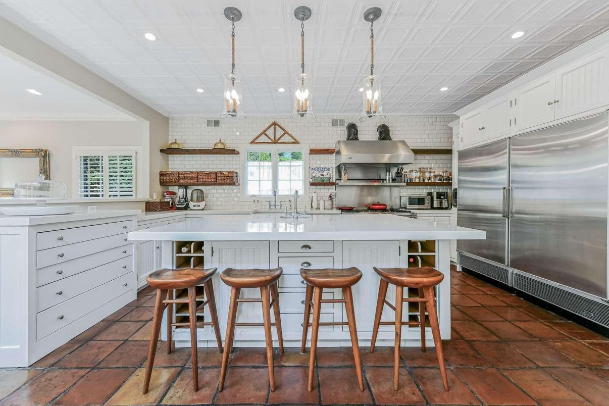 Interior, Kitchen, Pendant Lights, Recessed Lighting, Stainless Steel Appliances, Stone Walls