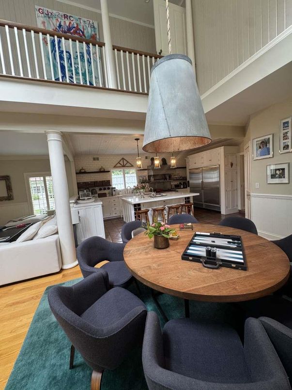 Dining room, Interior, Kitchen, Living room, Pendant Lights, Stainless Steel Appliances, Wood Texture Flooring