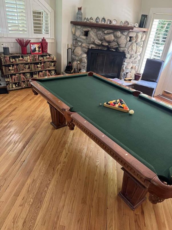 Billiard Table, Fireplace, Game Room, Interior, Wood Texture Flooring