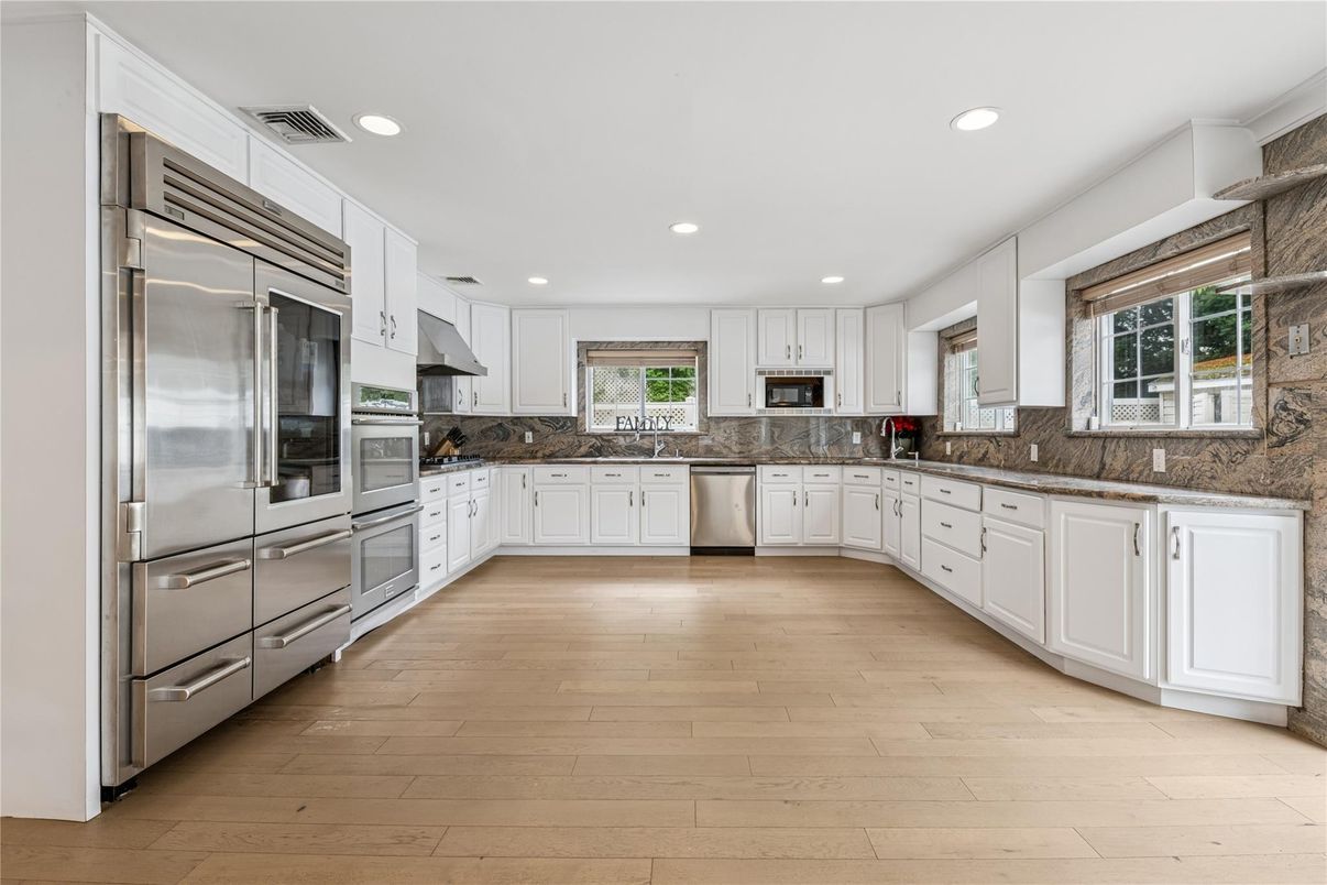Interior, Kitchen, Recessed Lighting, Stainless Steel Appliances, Wood Texture Flooring
