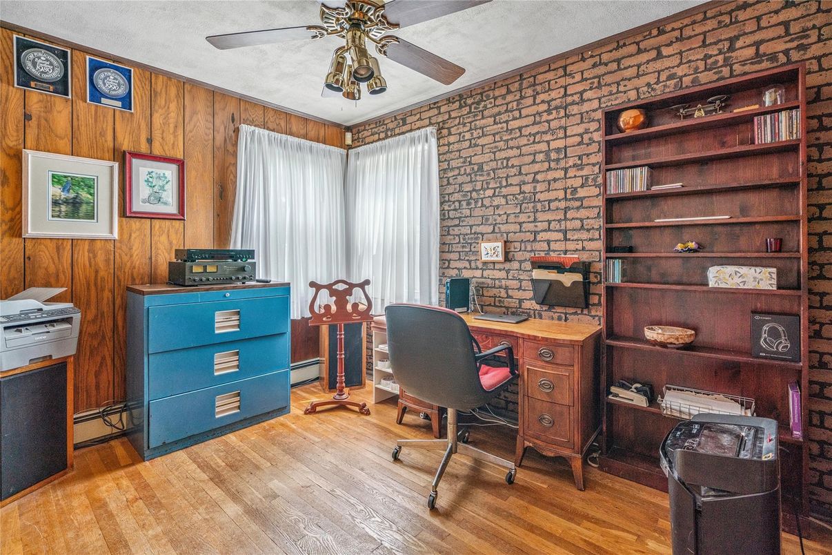 Home Office, Interior, Stone Walls, Wood Texture Flooring, Wooden Walls