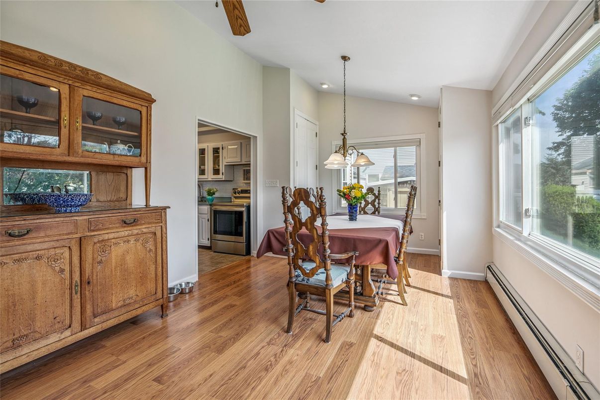 Dining room, Interior, Pendant Lights, Recessed Lighting, Wood Texture Flooring
