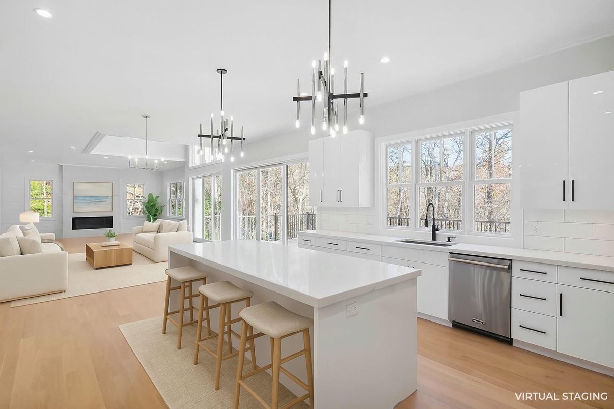 Interior, Kitchen, Living room, Pendant Lights, Recessed Lighting, Wood Texture Flooring