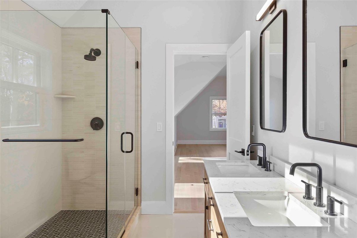 Bathroom, Dual Sink Vanities, Glass Shower, Interior, Wood Texture Flooring