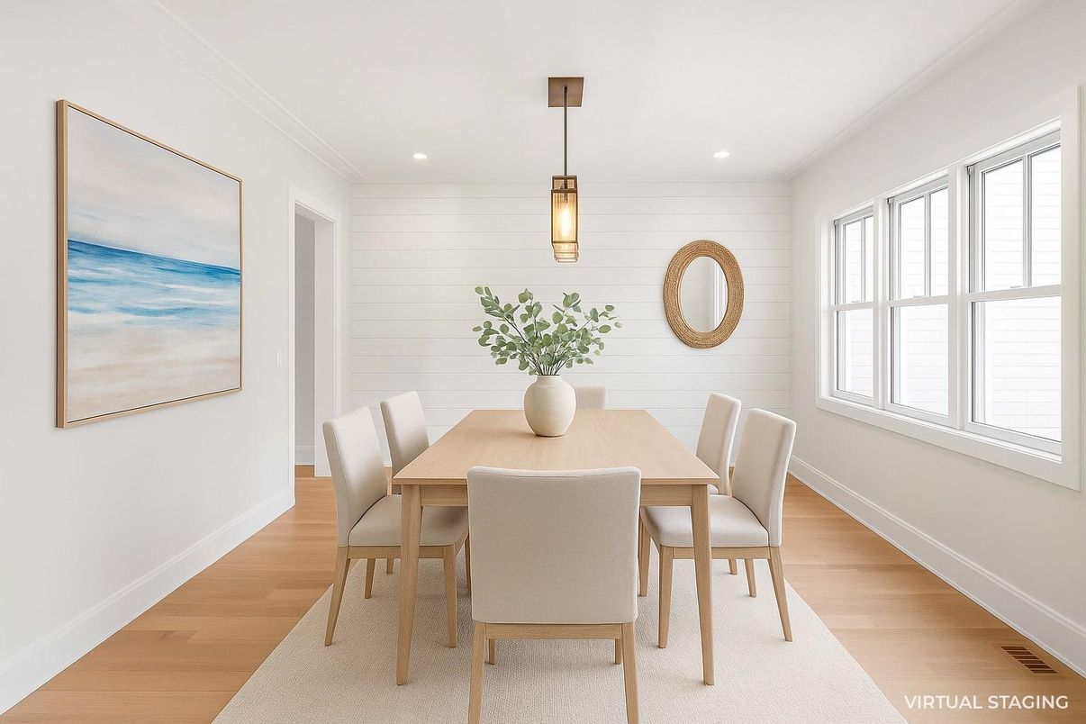 Dining room, Interior, Pendant Lights, Recessed Lighting, Wood Texture Flooring