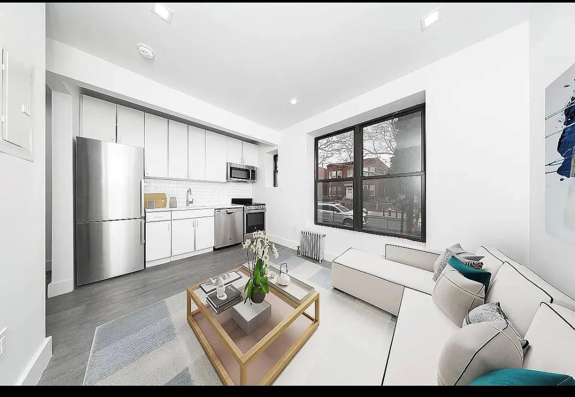 Interior, Kitchen, Living room, Recessed Lighting, Stainless Steel Appliances, Wood Texture Flooring