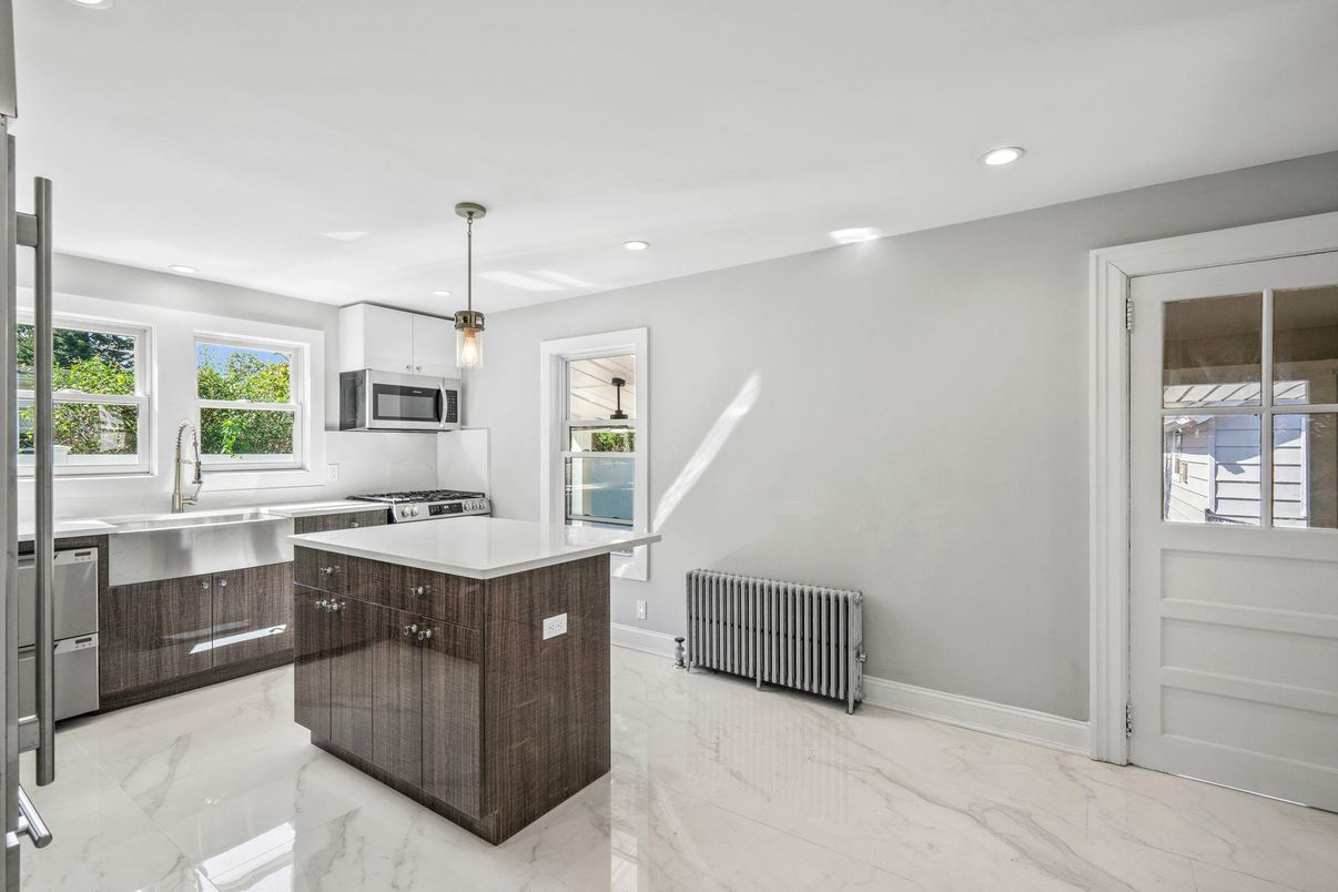 Interior, Kitchen, Marble, Pendant Lights, Recessed Lighting, Stainless Steel Appliances