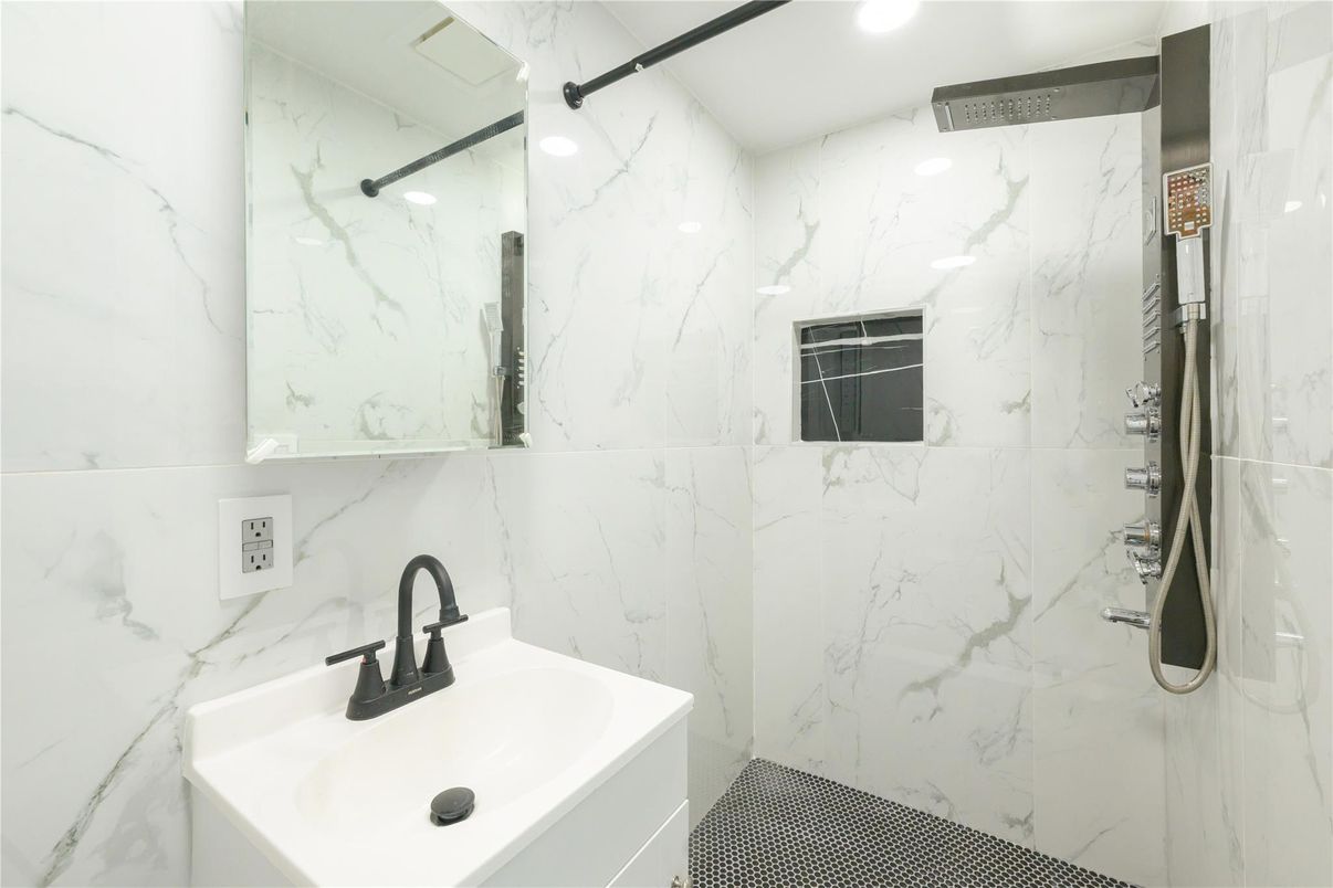 Bathroom, Glass Shower, Interior, Marble Walls, Recessed Lighting