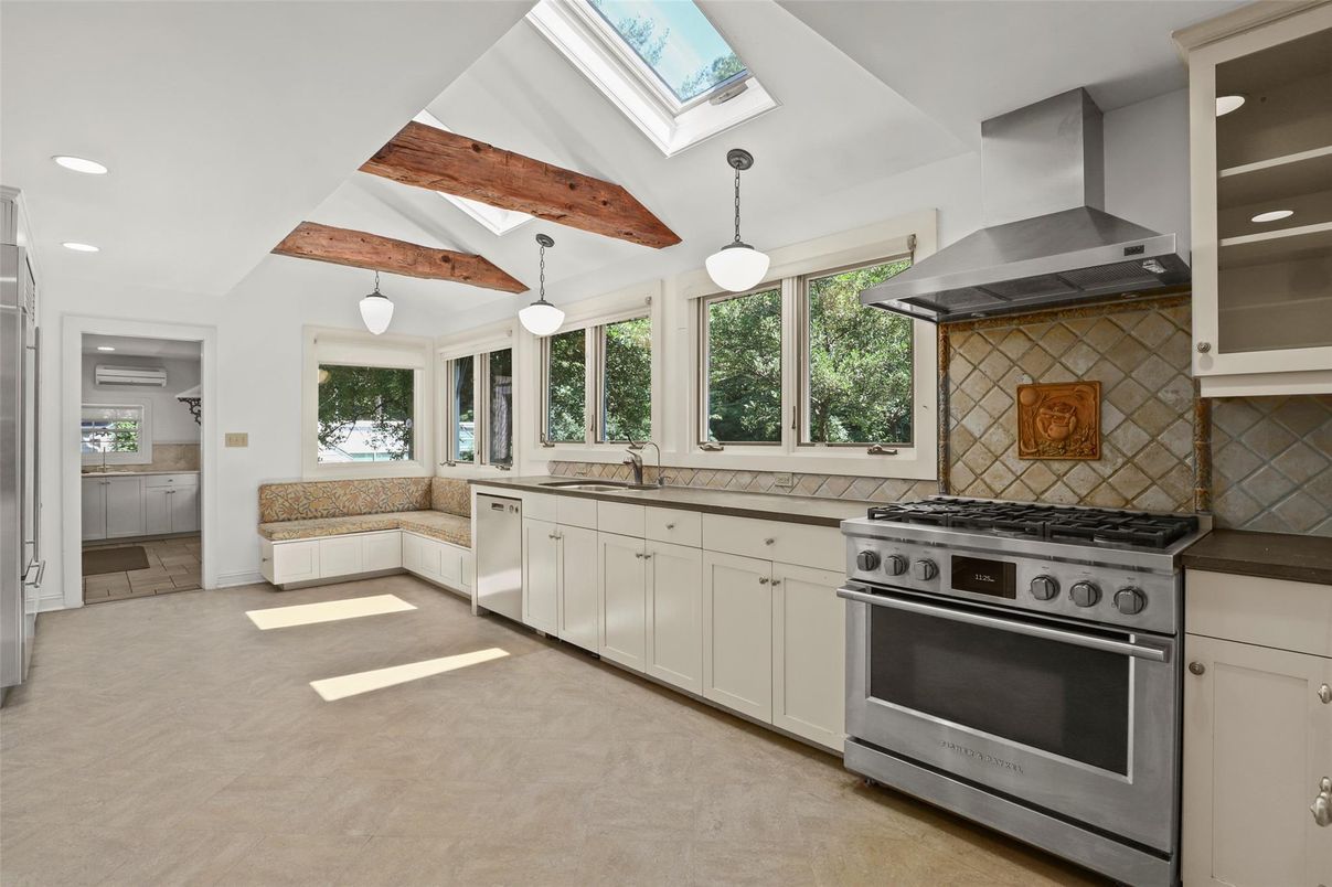Interior, Kitchen, Pendant Lights, Recessed Lighting, Stainless Steel Appliances, Wooden Beams