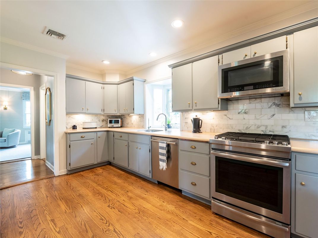 Interior, Kitchen, Recessed Lighting, Stainless Steel Appliances, Wood Texture Flooring