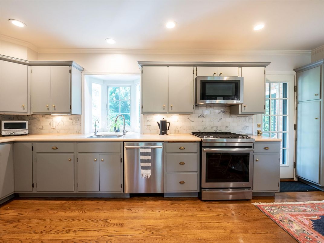 Interior, Kitchen, Recessed Lighting, Stainless Steel Appliances, Wood Texture Flooring