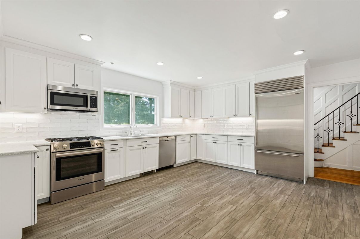 Interior, Kitchen, Recessed Lighting, Stainless Steel Appliances, Wood Texture Flooring