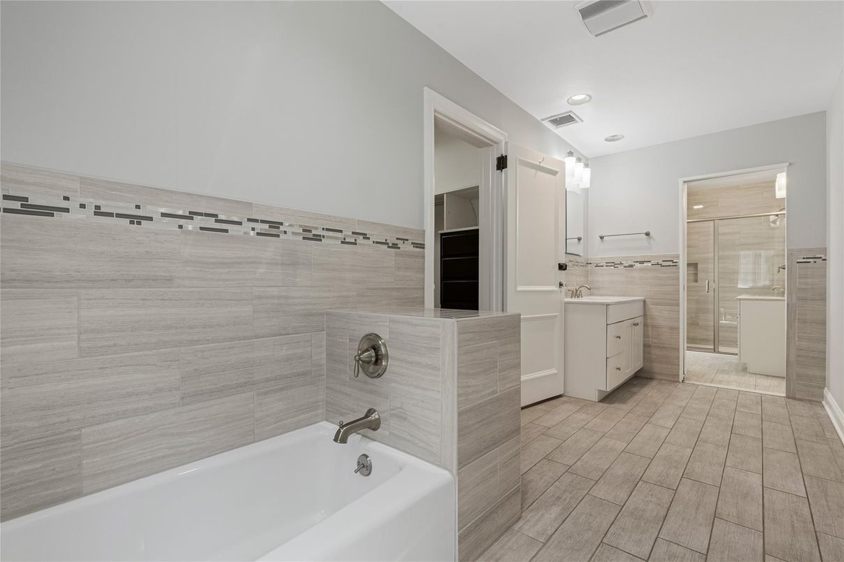 Bathroom, Glass Shower, Interior, Recessed Lighting, Wood Texture Flooring