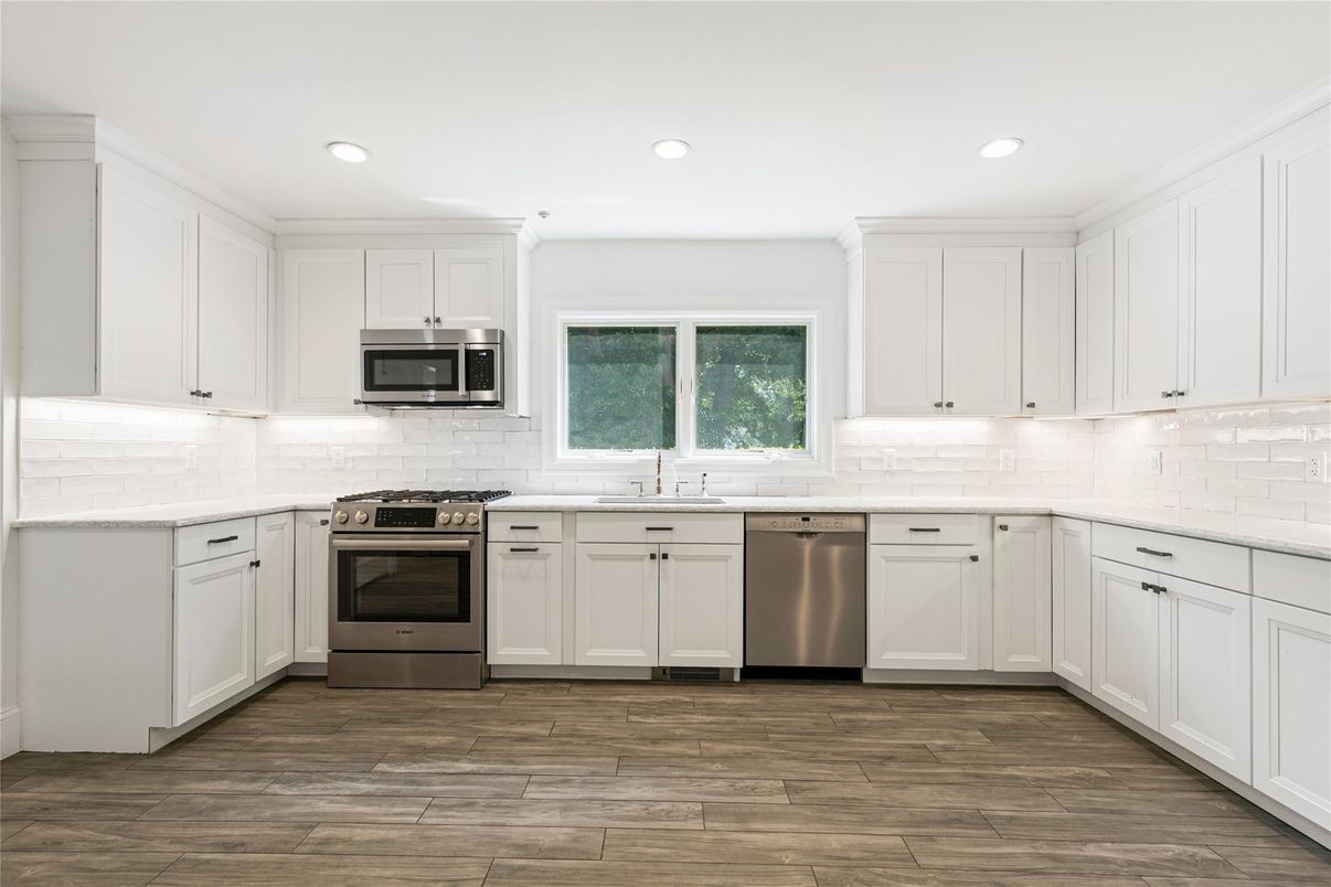 Interior, Kitchen, Recessed Lighting, Stainless Steel Appliances, Wood Texture Flooring
