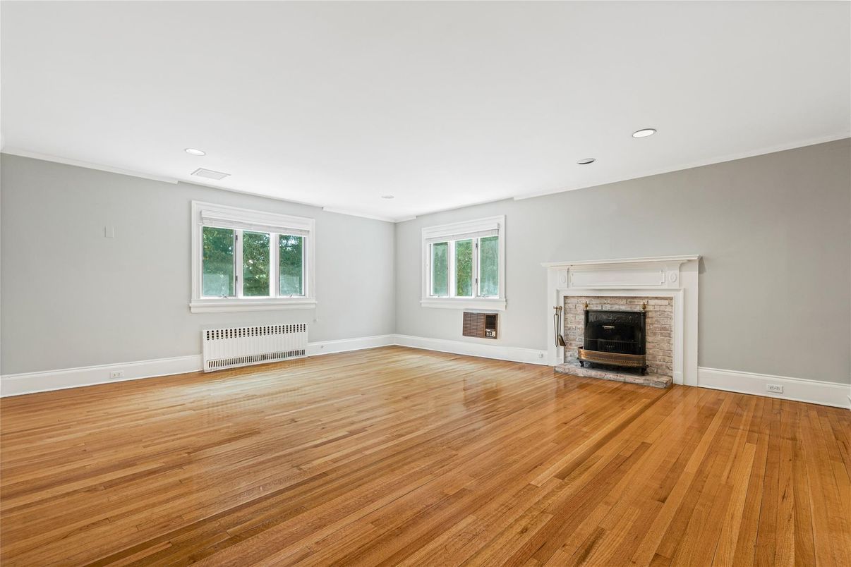 Empty room, Fireplace, Interior, Recessed Lighting, Wood Texture Flooring