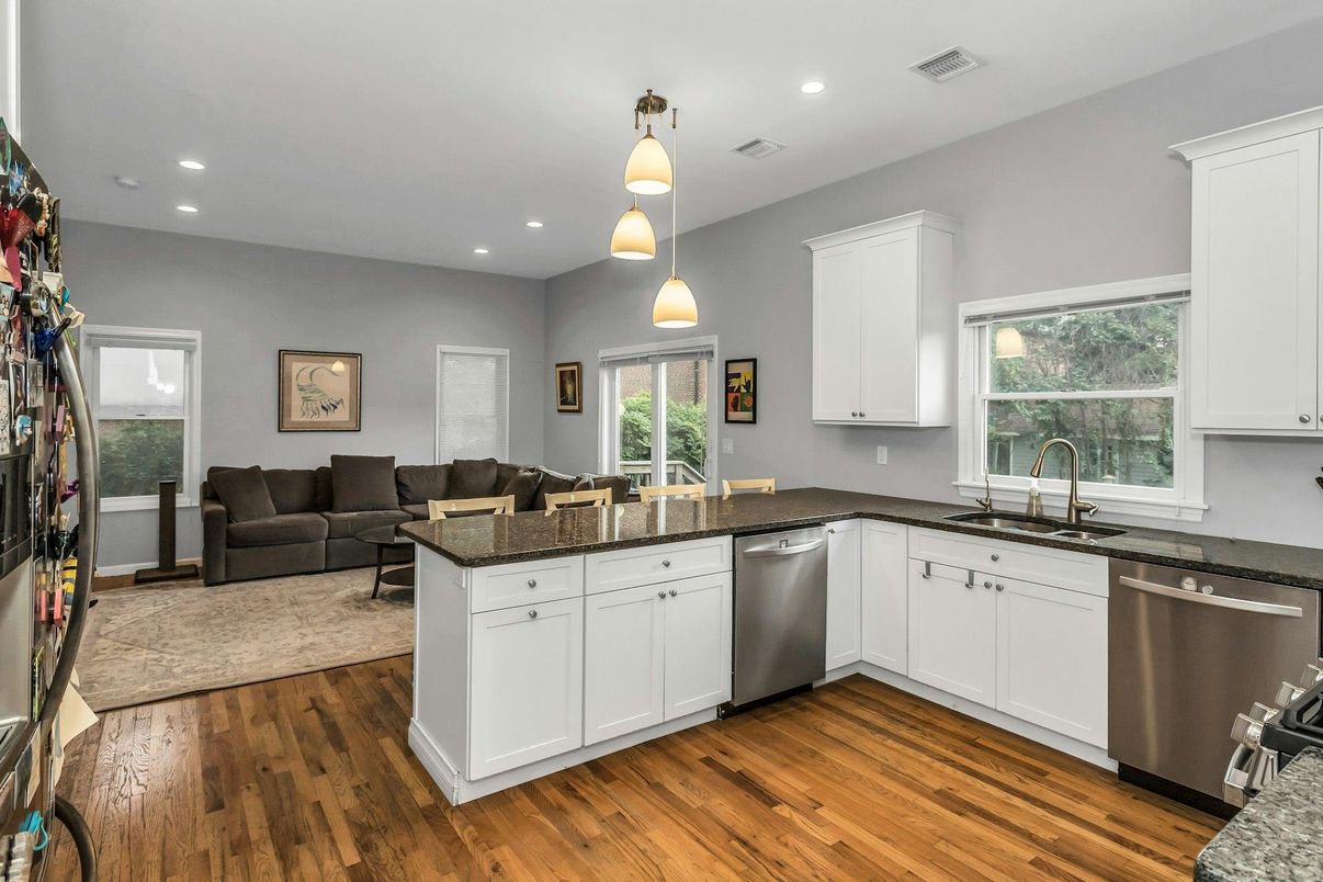 Interior, Kitchen, Living room, Pendant Lights, Recessed Lighting, Stainless Steel Appliances, Wood Texture Flooring