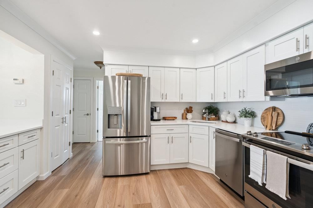 Interior, Kitchen, Recessed Lighting, Stainless Steel Appliances, Wood Texture Flooring