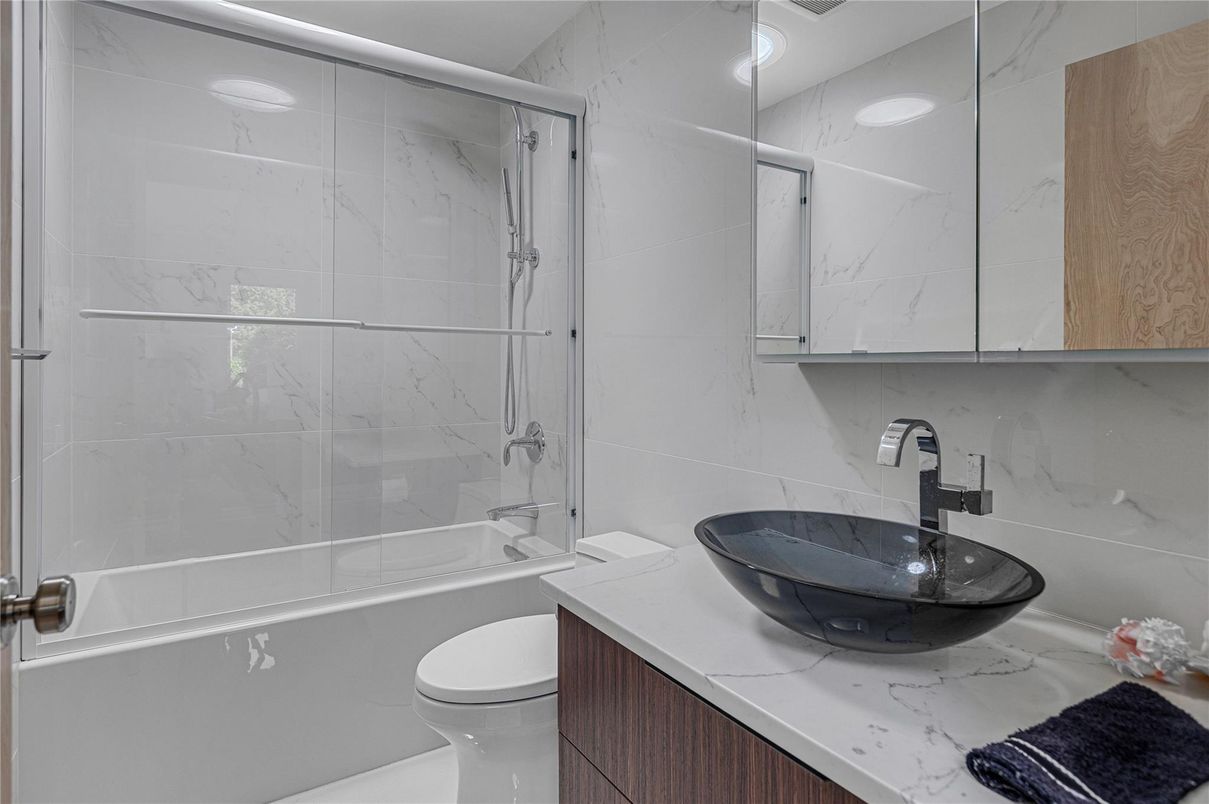 Bathroom, Glass Shower, Interior, Marble Walls, Recessed Lighting