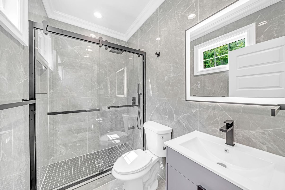 Bathroom, Glass Shower, Interior, Marble Walls, Recessed Lighting