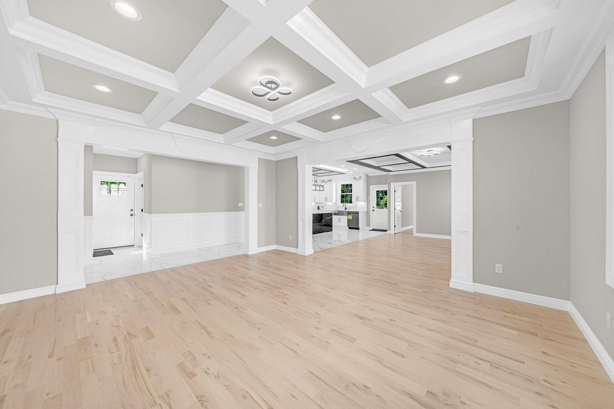 Empty room, Interior, Kitchen, Recessed Lighting, Wood Texture Flooring