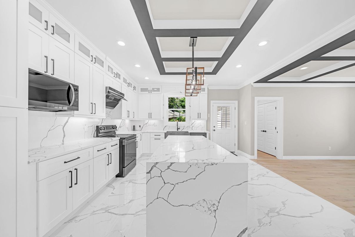 Interior, Kitchen, Marble, Pendant Lights, Recessed Lighting, Wood Texture Flooring