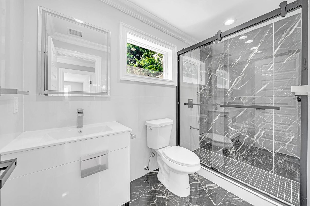 Bathroom, Glass Shower, Interior, Marble, Marble Walls, Recessed Lighting