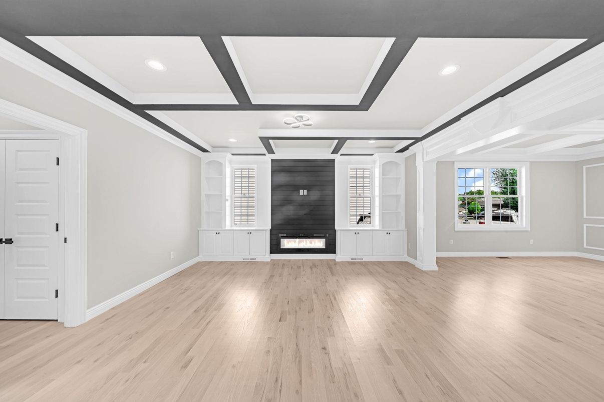 Empty room, Fireplace, Interior, Recessed Lighting, Wood Texture Flooring