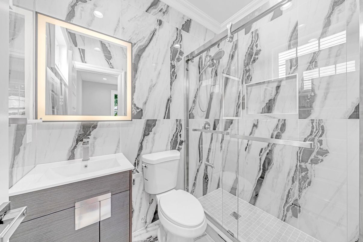 Bathroom, Glass Shower, Interior, Marble Walls, Recessed Lighting