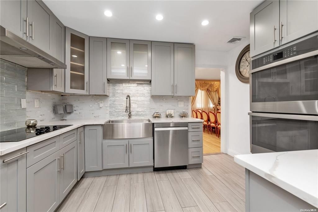 Interior, Kitchen, Recessed Lighting, Stainless Steel Appliances, Wood Texture Flooring