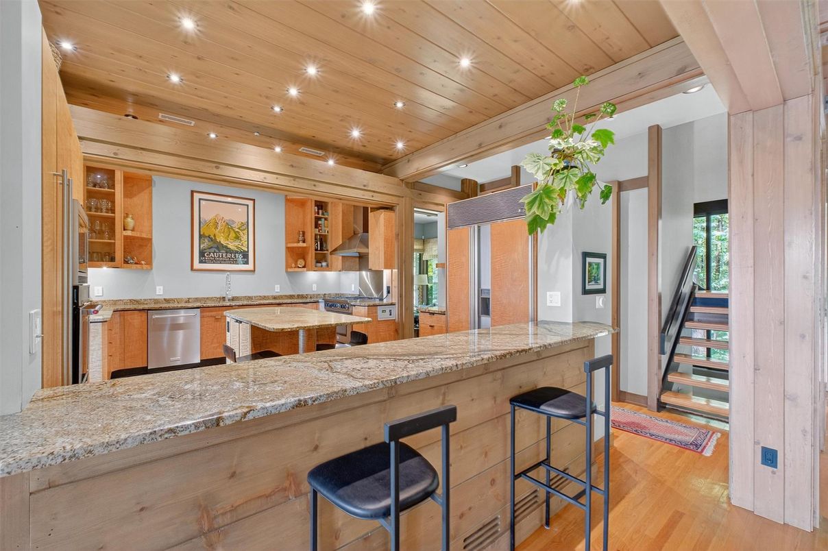 Interior, Kitchen, Recessed Lighting, Stainless Steel Appliances, Wooden Ceilings, Wood Texture Flooring