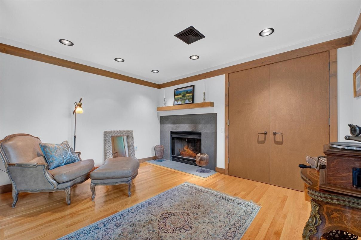 Fireplace, Interior, Recessed Lighting, Wood Texture Flooring