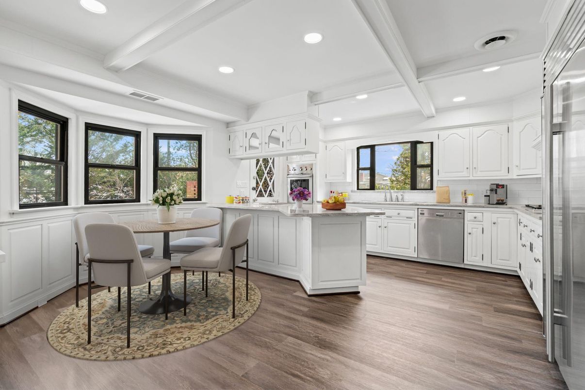 Dining room, Interior, Kitchen, Recessed Lighting, Stainless Steel Appliances, Wood Texture Flooring