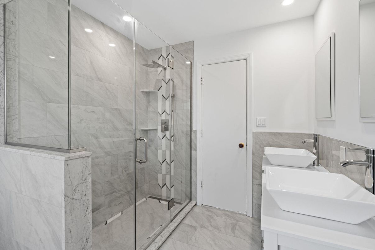 Bathroom, Glass Shower, Interior, Marble, Marble Walls, Recessed Lighting