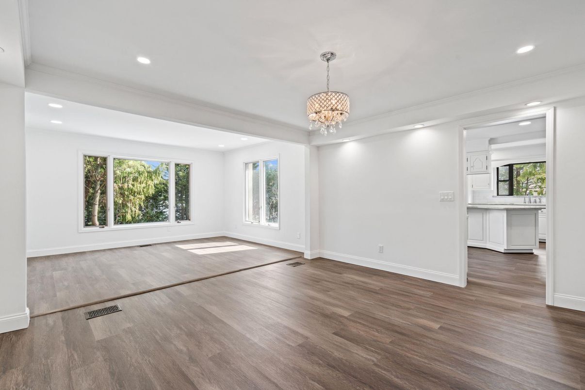 Chandelier, Empty room, Interior, Recessed Lighting, Wood Texture Flooring