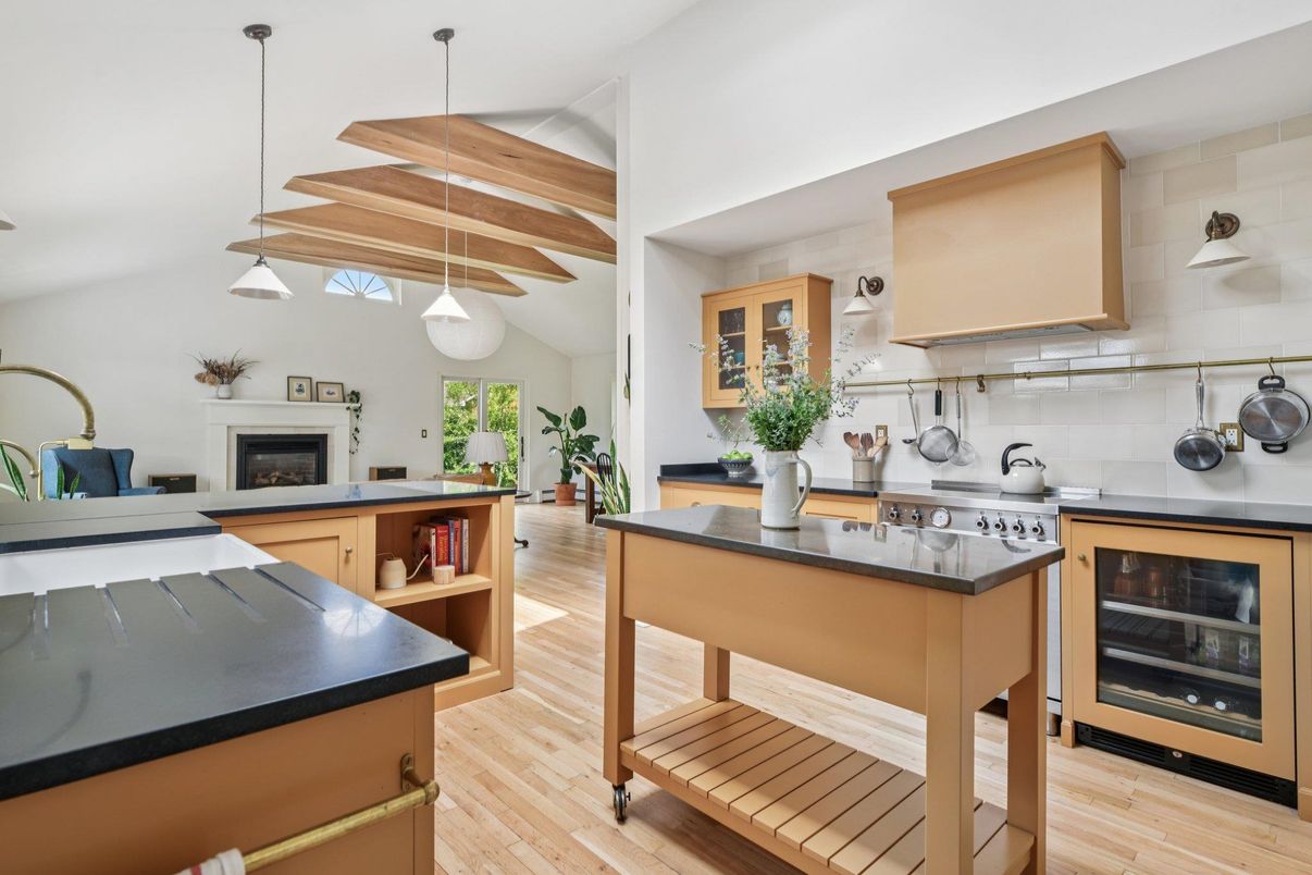 Fireplace, Interior, Kitchen, Pendant Lights, Wooden Beams, Wood Texture Flooring
