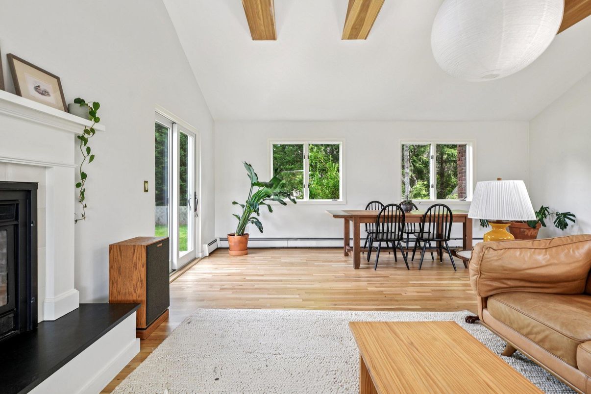 Dining room, Fireplace, Interior, Wood Texture Flooring