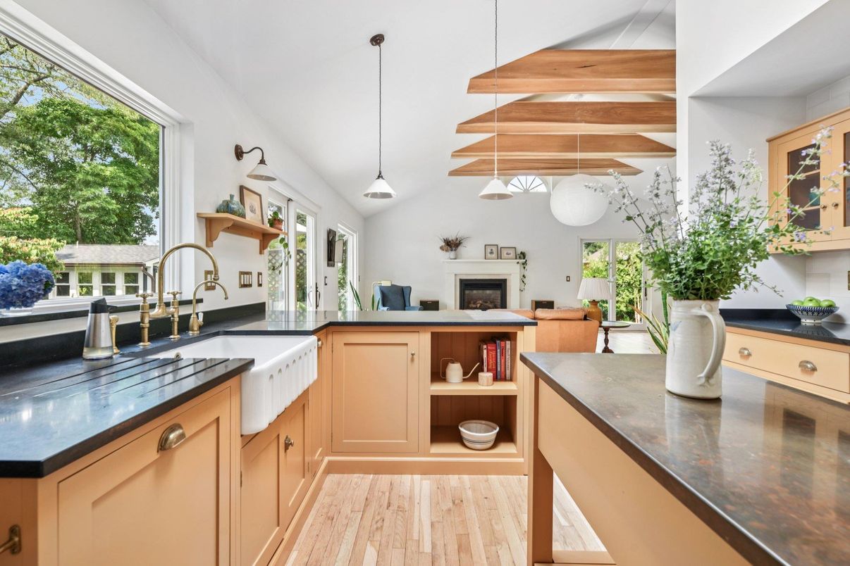 Fireplace, Interior, Kitchen, Pendant Lights, Wooden Beams, Wood Texture Flooring