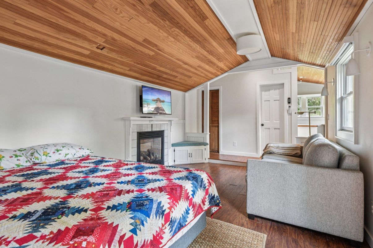 Bedroom, Fireplace, Interior, Wooden Ceilings, Wood Texture Flooring