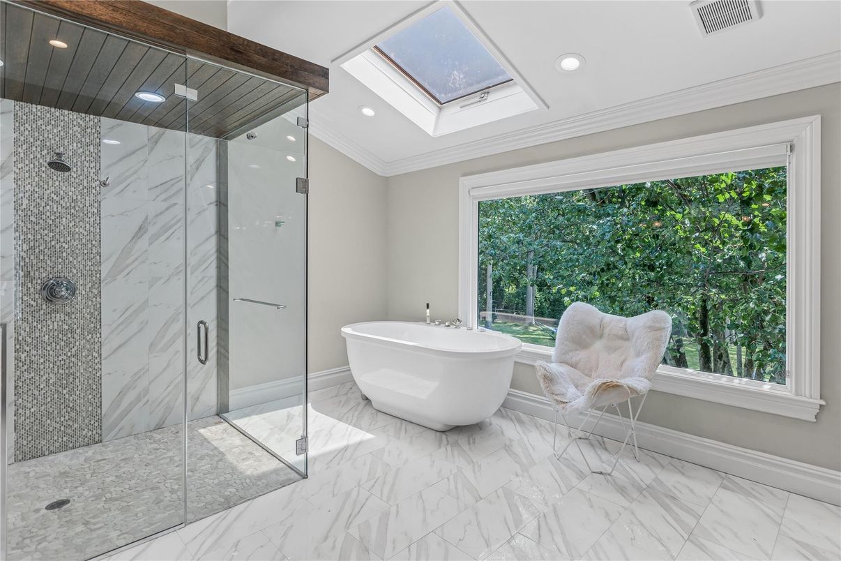 Bathroom, Free Standing Baths, Glass Shower, Interior, Marble, Marble Walls, Recessed Lighting