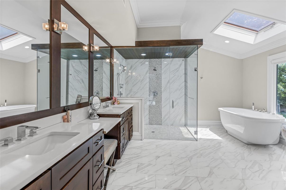 Bathroom, Dual Sink Vanities, Free Standing Baths, Glass Shower, Interior, Marble, Marble Walls, Recessed Lighting