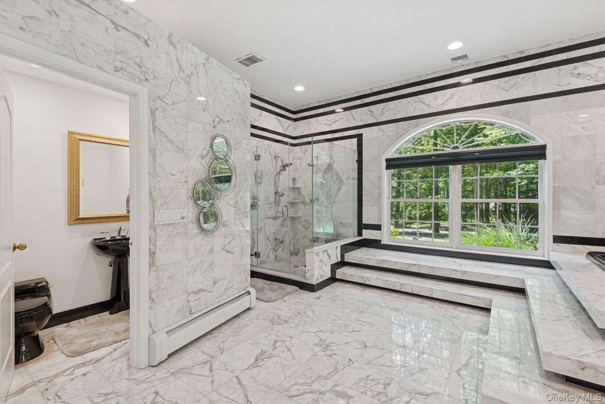 Bathroom, Glass Shower, Interior, Marble, Marble Walls, Recessed Lighting