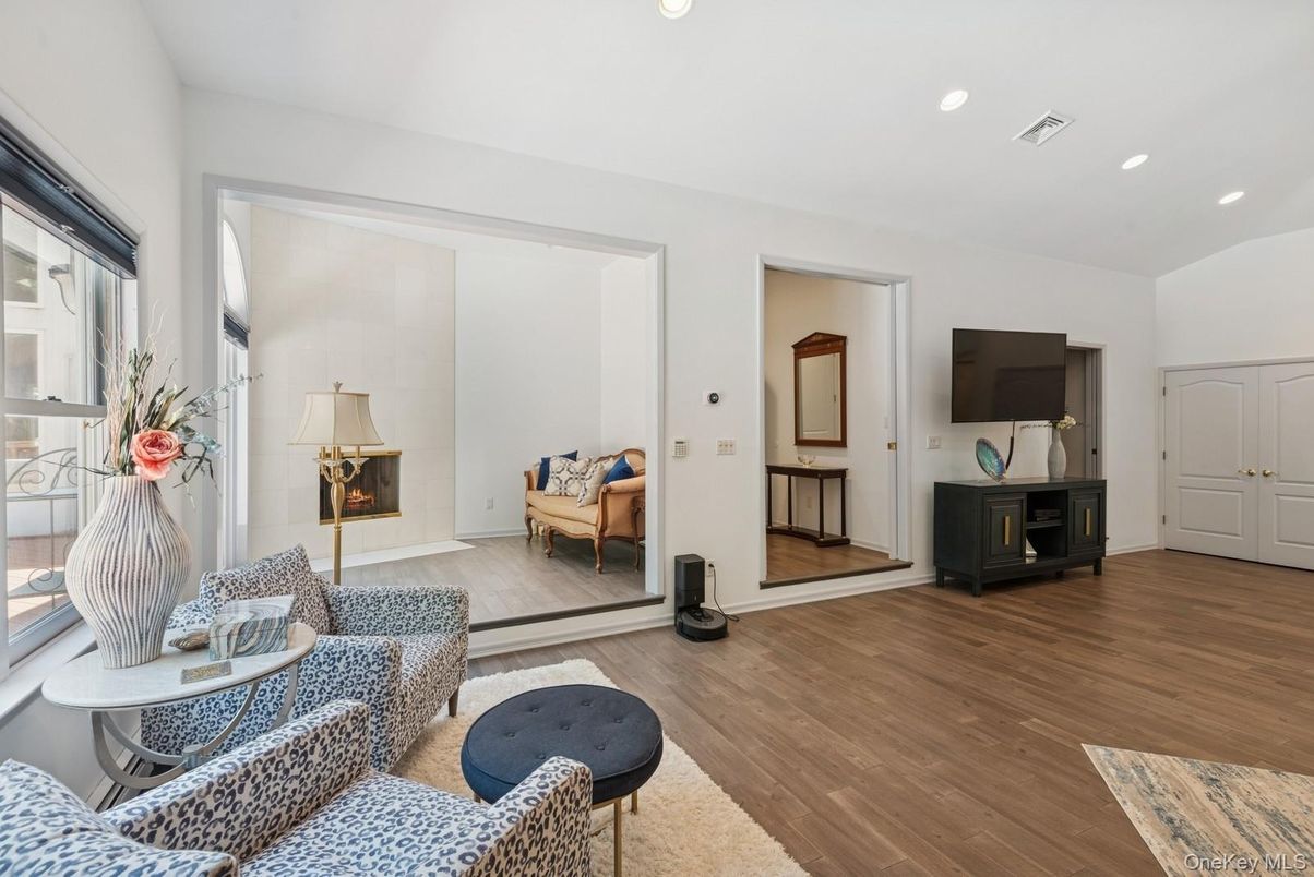 Fireplace, Interior, Living room, Recessed Lighting, Wood Texture Flooring
