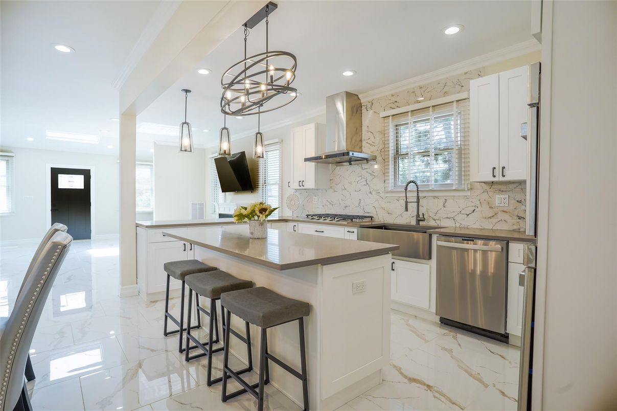 Interior, Kitchen, Marble, Marble Walls, Pendant Lights, Recessed Lighting, Stainless Steel Appliances