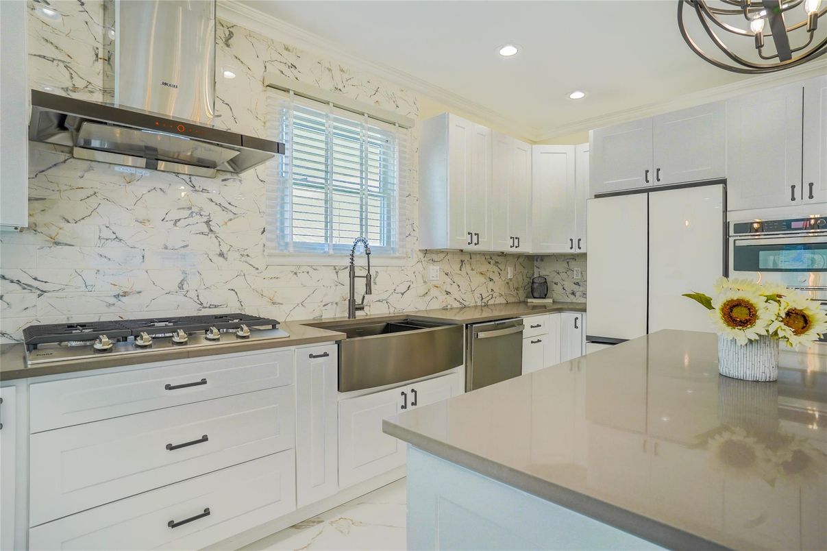 Interior, Kitchen, Marble, Marble Walls, Recessed Lighting, Stainless Steel Appliances