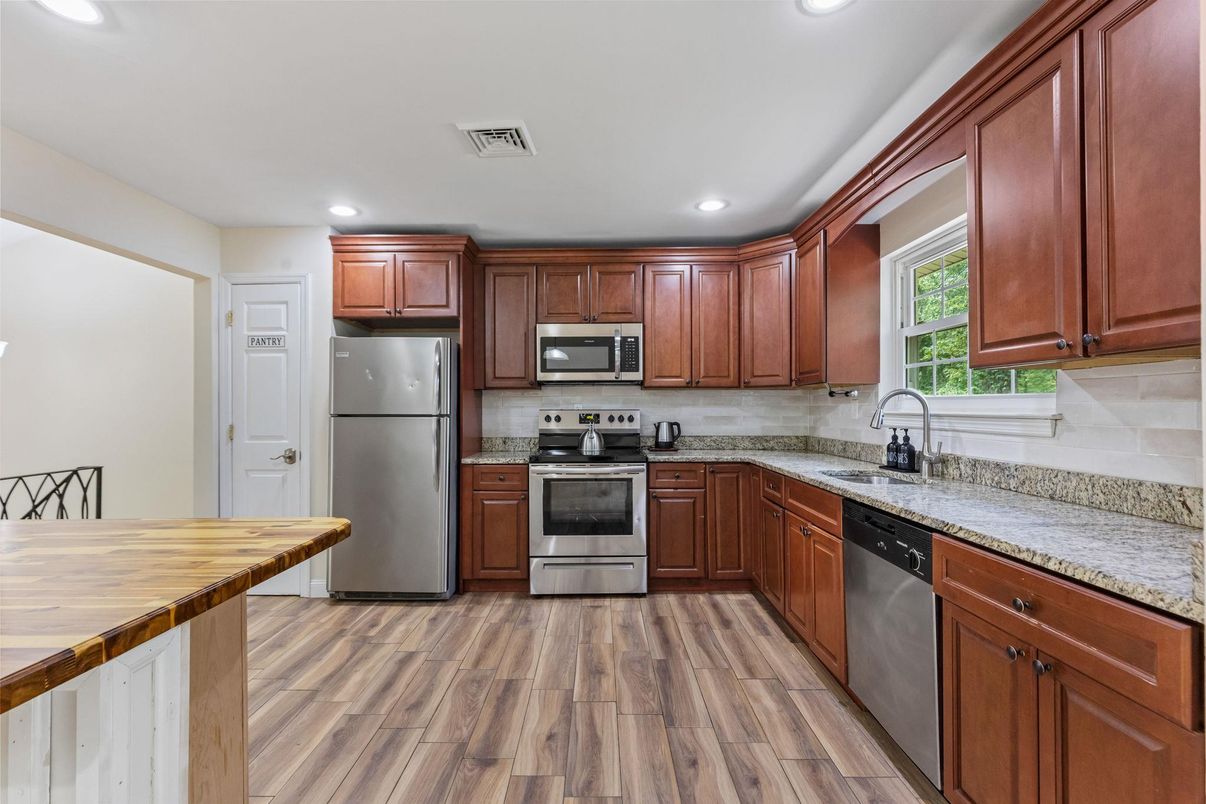 Interior, Kitchen, Recessed Lighting, Stainless Steel Appliances, Wood Texture Flooring