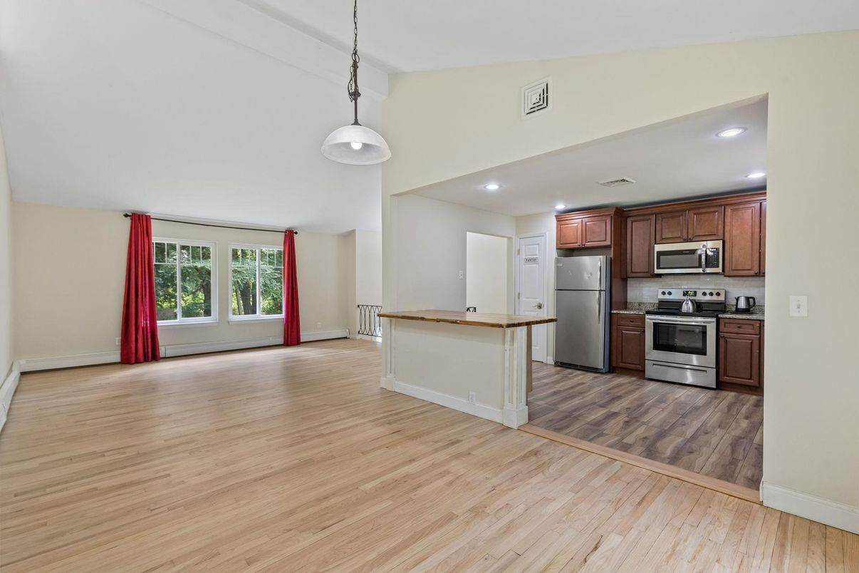 Interior, Kitchen, Pendant Lights, Recessed Lighting, Stainless Steel Appliances, Wood Texture Flooring