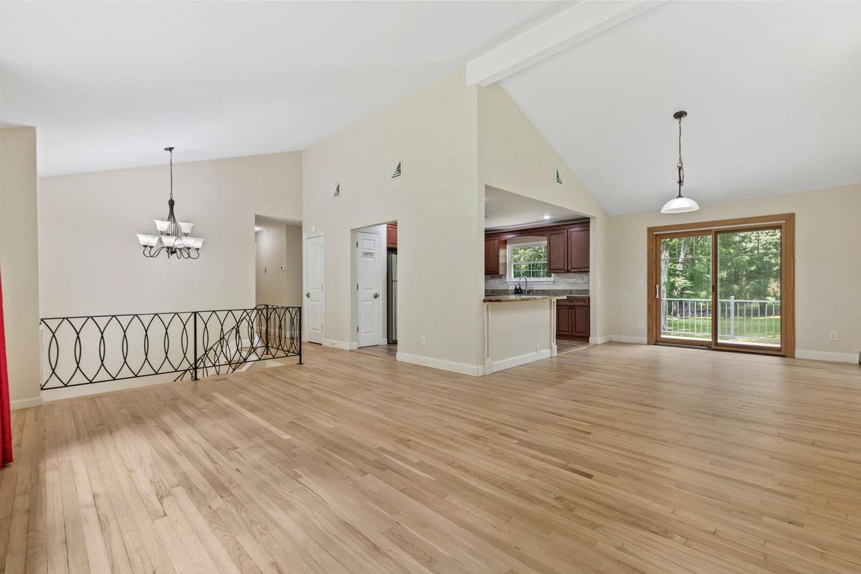 Chandelier, Empty room, Interior, Kitchen, Pendant Lights, Wood Texture Flooring