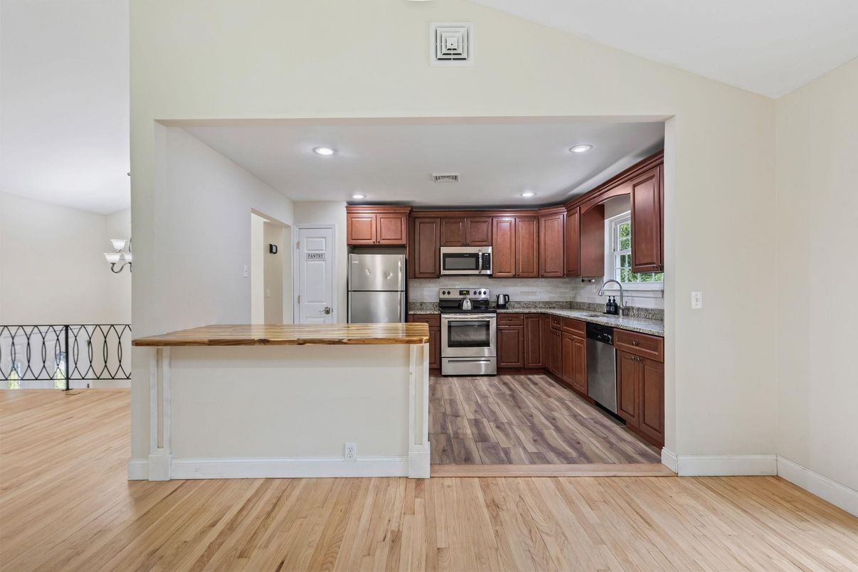 Interior, Kitchen, Recessed Lighting, Stainless Steel Appliances, Wood Texture Flooring