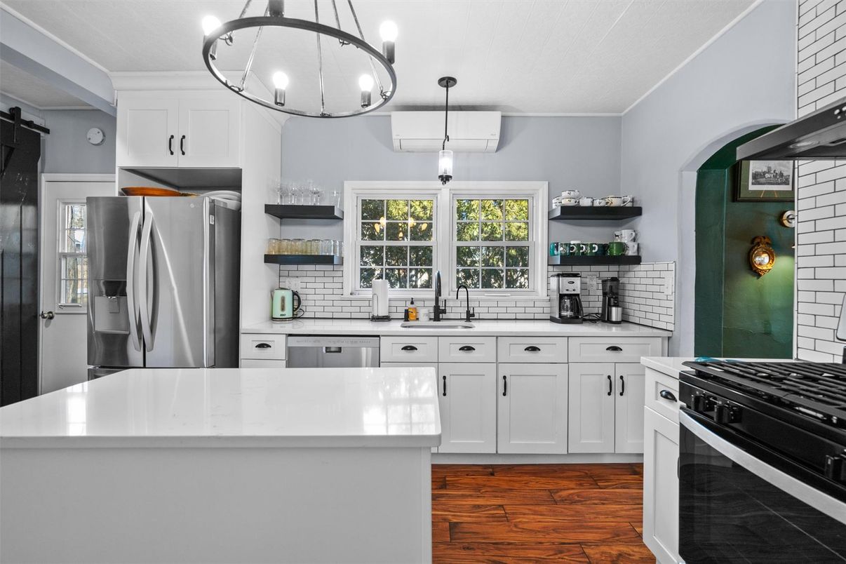 Interior, Kitchen, Pendant Lights, Stainless Steel Appliances, Wood Texture Flooring
